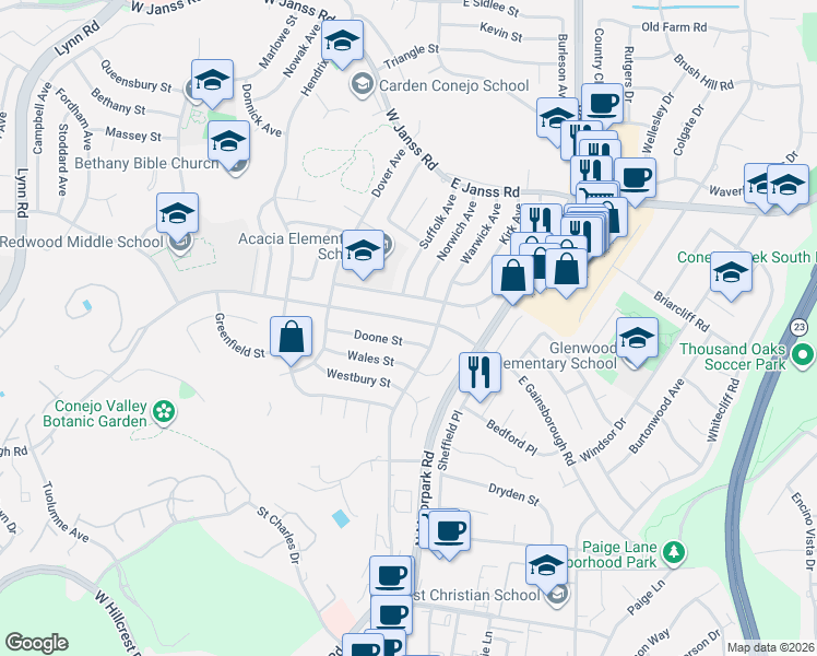 map of restaurants, bars, coffee shops, grocery stores, and more near 30E East Gainsborough Road in Thousand Oaks