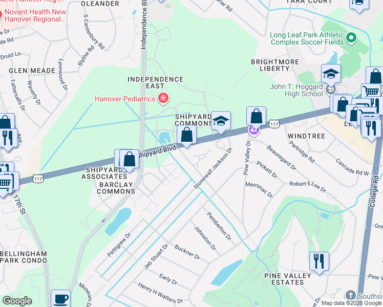 map of restaurants, bars, coffee shops, grocery stores, and more near 115 Longstreet Drive in Wilmington