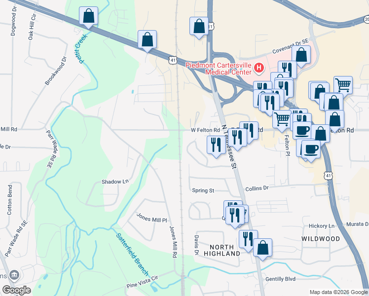 map of restaurants, bars, coffee shops, grocery stores, and more near 84 Pointe North Drive in Cartersville