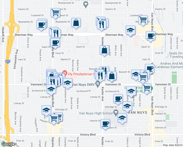 map of restaurants, bars, coffee shops, grocery stores, and more near 14955 Hartland Street in Los Angeles