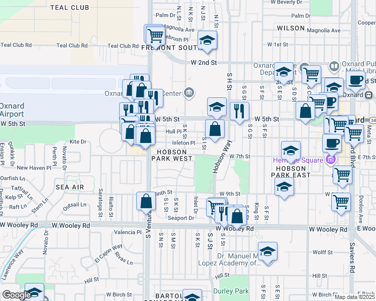 map of restaurants, bars, coffee shops, grocery stores, and more near 1121 West 7th Street in Oxnard
