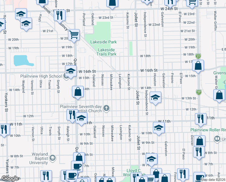 map of restaurants, bars, coffee shops, grocery stores, and more near 1312 Milwaukee in Plainview
