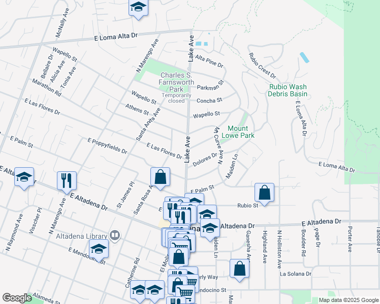 map of restaurants, bars, coffee shops, grocery stores, and more near 2896 Lake Avenue in Altadena