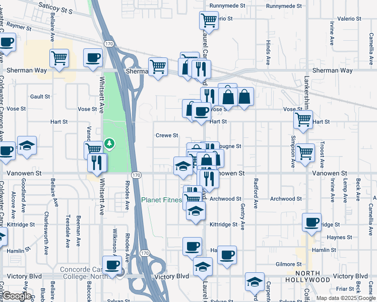 map of restaurants, bars, coffee shops, grocery stores, and more near 6853 Vantage Avenue in Los Angeles