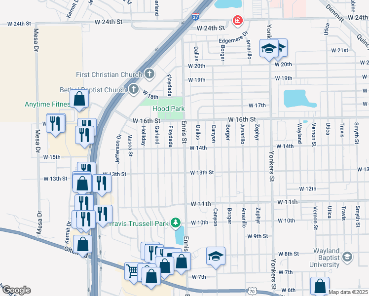 map of restaurants, bars, coffee shops, grocery stores, and more near Ennis Street in Plainview