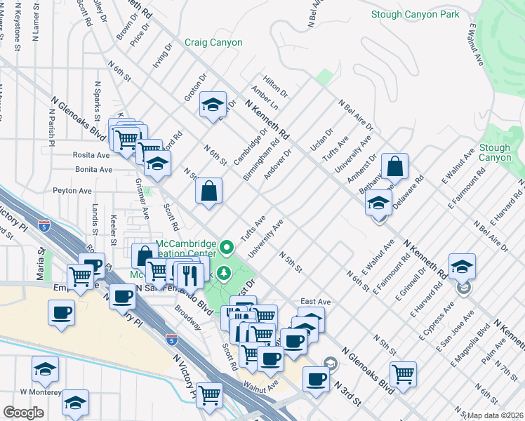 map of restaurants, bars, coffee shops, grocery stores, and more near 527 Tufts Avenue in Burbank