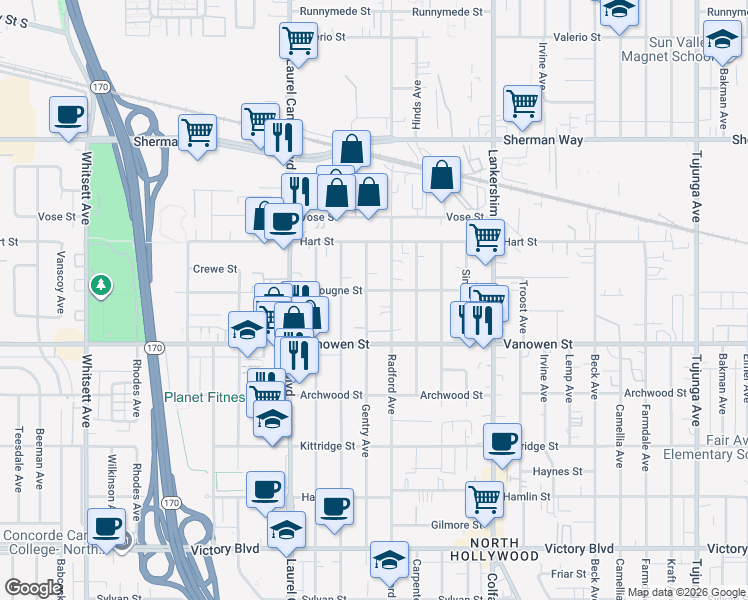 map of restaurants, bars, coffee shops, grocery stores, and more near 6854 Gentry Avenue in Los Angeles