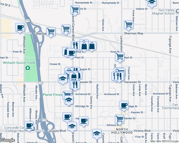 map of restaurants, bars, coffee shops, grocery stores, and more near 6853 Gentry Avenue in Los Angeles