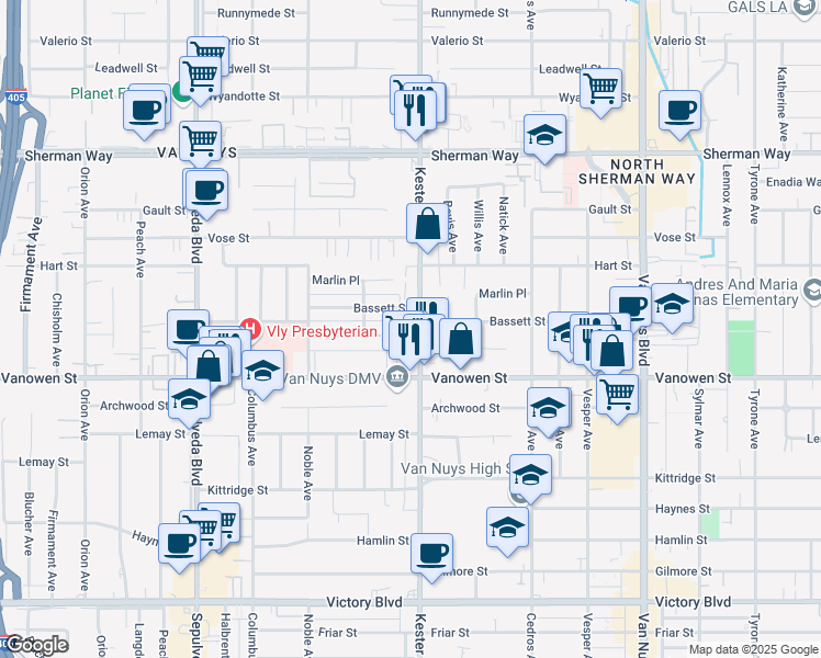 map of restaurants, bars, coffee shops, grocery stores, and more near 14913 Hartland Street in Los Angeles