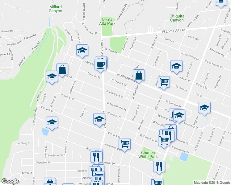 map of restaurants, bars, coffee shops, grocery stores, and more near 463 West Mariposa Street in Altadena