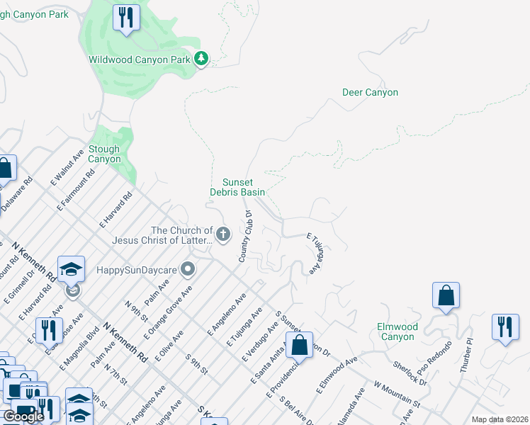 map of restaurants, bars, coffee shops, grocery stores, and more near 1727 Camino De Villas in Burbank