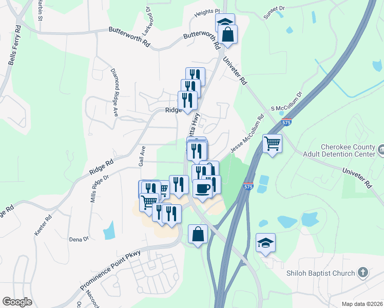 map of restaurants, bars, coffee shops, grocery stores, and more near 3745 Marietta Highway in Canton