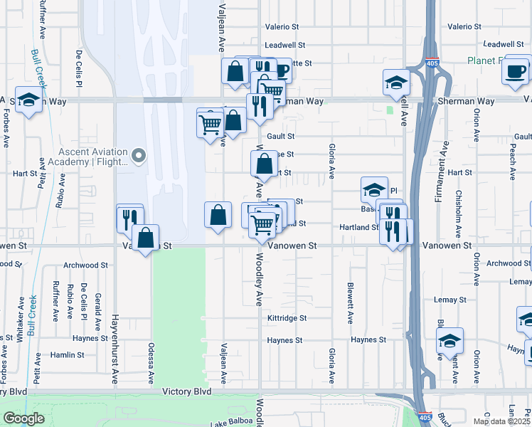 map of restaurants, bars, coffee shops, grocery stores, and more near 6856 Woodley Avenue in Los Angeles