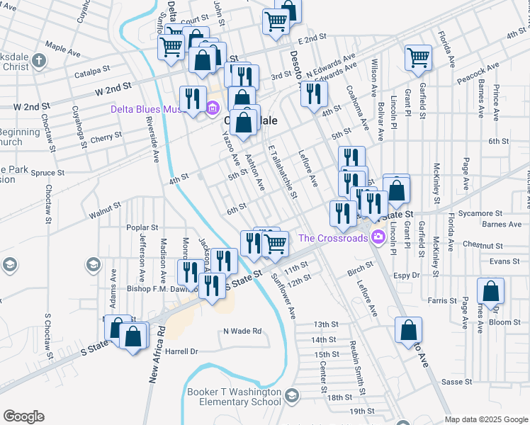 map of restaurants, bars, coffee shops, grocery stores, and more near 620 Yazoo Avenue in Clarksdale
