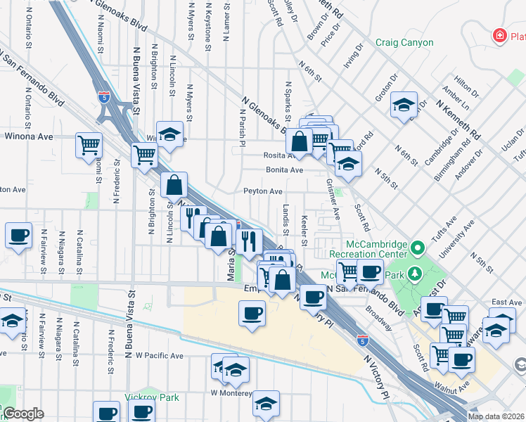 map of restaurants, bars, coffee shops, grocery stores, and more near 1904 Church Street in Burbank