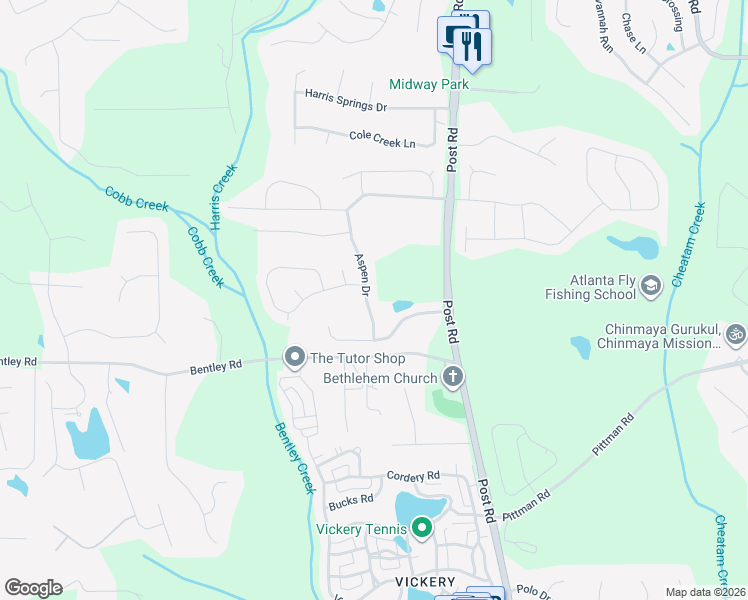 map of restaurants, bars, coffee shops, grocery stores, and more near 5825 Aspen Drive in Cumming
