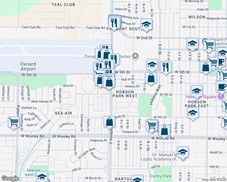 map of restaurants, bars, coffee shops, grocery stores, and more near 1421 West 7th Street in Oxnard