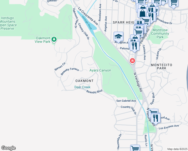 map of restaurants, bars, coffee shops, grocery stores, and more near 1460 Valane Drive in Glendale