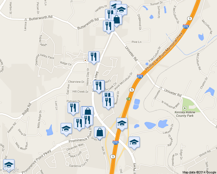 map of restaurants, bars, coffee shops, grocery stores, and more near 215 Cottonwood Creek Circle in Canton