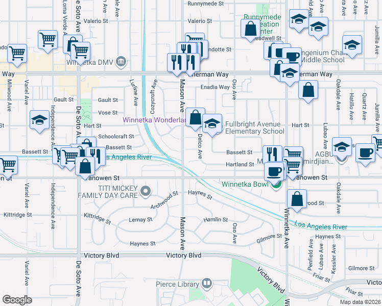 map of restaurants, bars, coffee shops, grocery stores, and more near 20450 Bassett Street in Los Angeles
