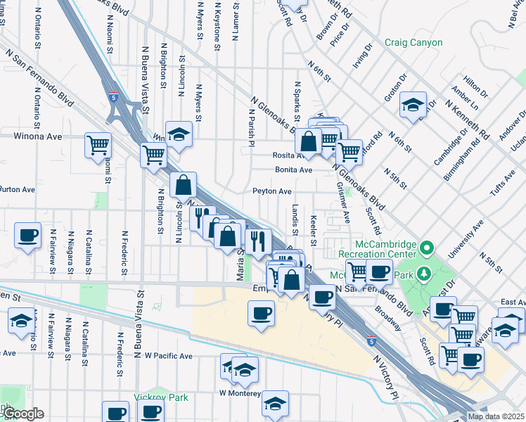 map of restaurants, bars, coffee shops, grocery stores, and more near 1904 Church Street in Burbank