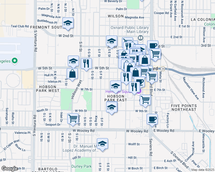 map of restaurants, bars, coffee shops, grocery stores, and more near 641 South E Street in Oxnard