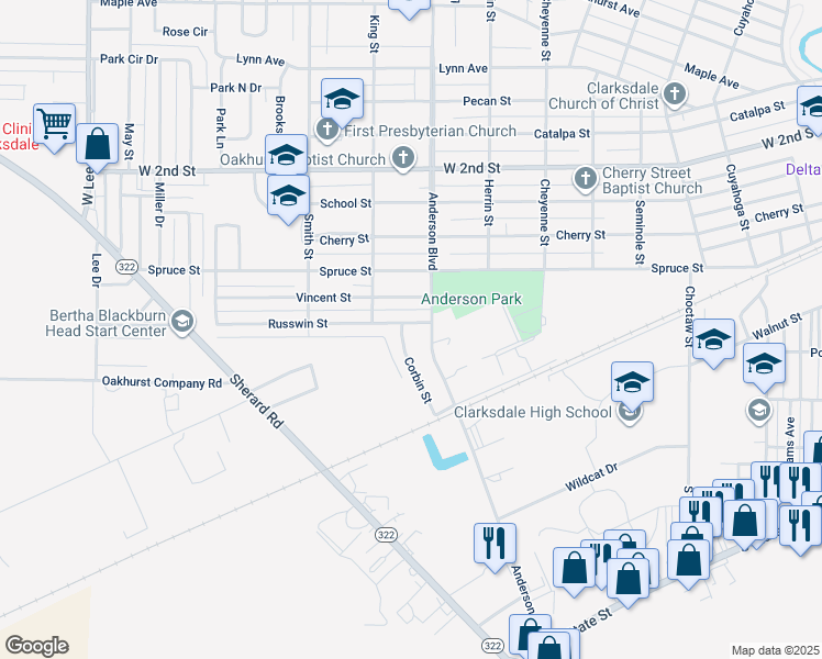 map of restaurants, bars, coffee shops, grocery stores, and more near 814 Russwin Street in Clarksdale