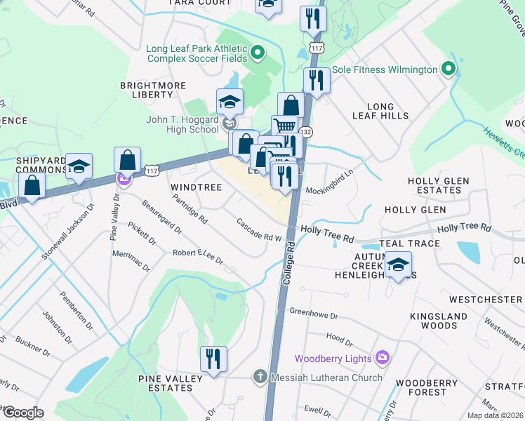 map of restaurants, bars, coffee shops, grocery stores, and more near 4551 Holly Tree Road in Wilmington
