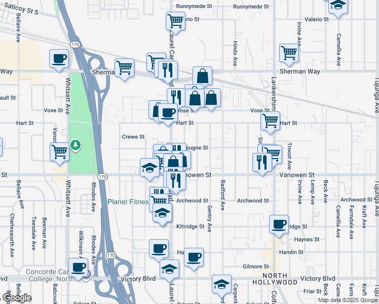 map of restaurants, bars, coffee shops, grocery stores, and more near 6856 Agnes Avenue in Los Angeles