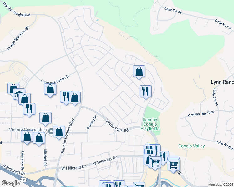 map of restaurants, bars, coffee shops, grocery stores, and more near 1711 Fox Springs Circle in Thousand Oaks