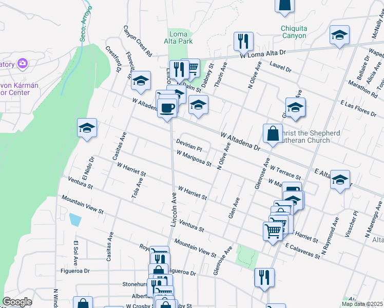 map of restaurants, bars, coffee shops, grocery stores, and more near 463 West Mariposa Street in Altadena