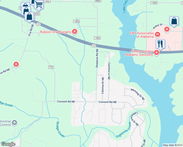 map of restaurants, bars, coffee shops, grocery stores, and more near 1647 Sharpton Road Northeast in Cullman