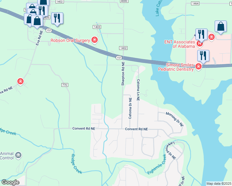 map of restaurants, bars, coffee shops, grocery stores, and more near 1647 Sharpton Road Northeast in Cullman
