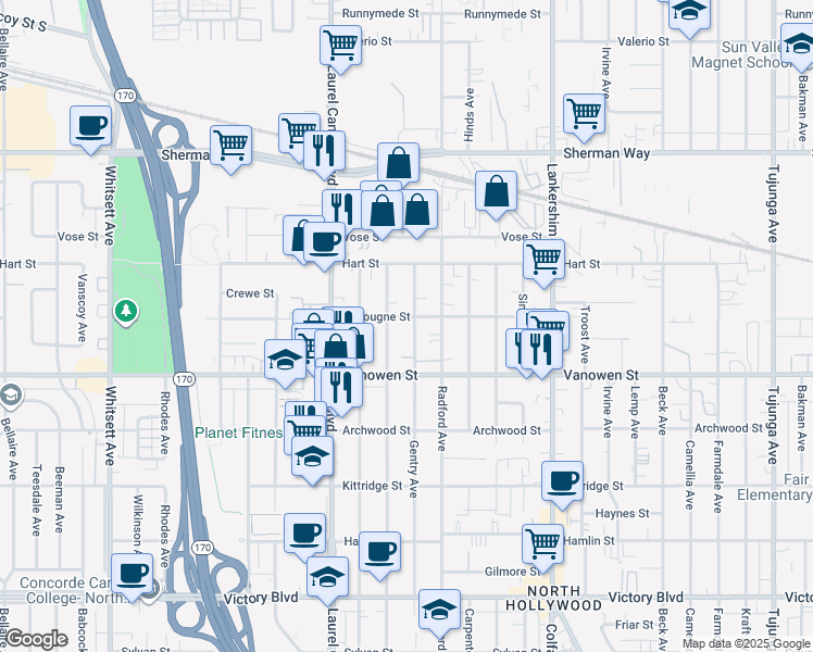 map of restaurants, bars, coffee shops, grocery stores, and more near 68531/2 Gentry Avenue in Los Angeles
