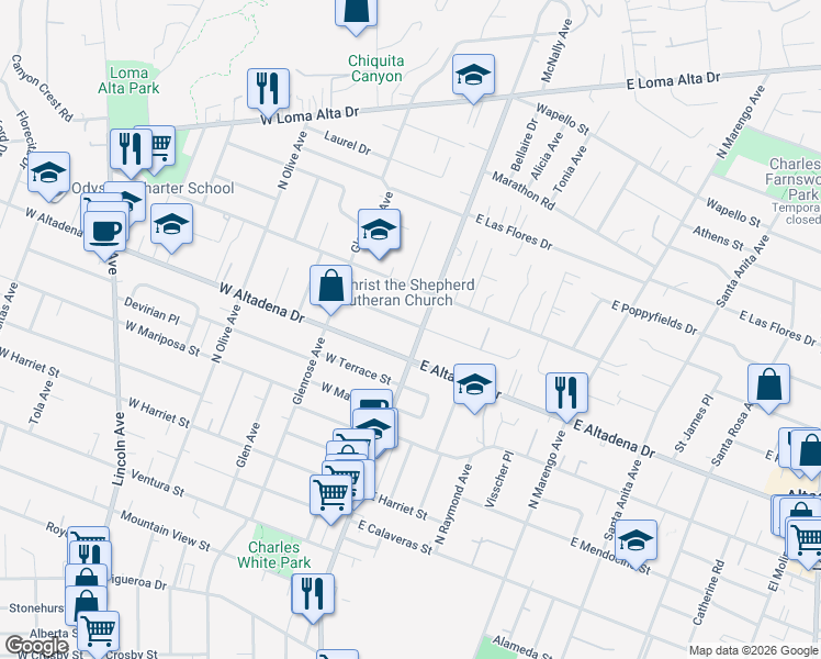 map of restaurants, bars, coffee shops, grocery stores, and more near 16 West Pine Street in Altadena