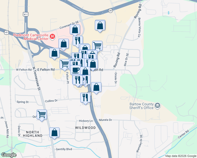 map of restaurants, bars, coffee shops, grocery stores, and more near 3 Latimer Road in Cartersville