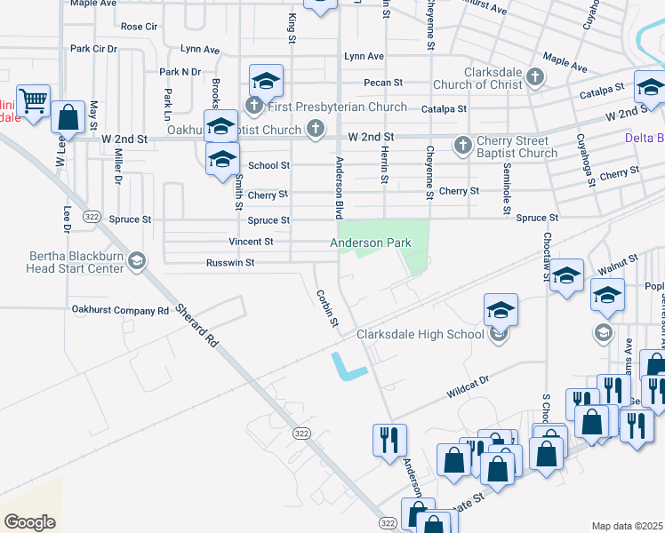 map of restaurants, bars, coffee shops, grocery stores, and more near 814 Russwin St in Clarksdale