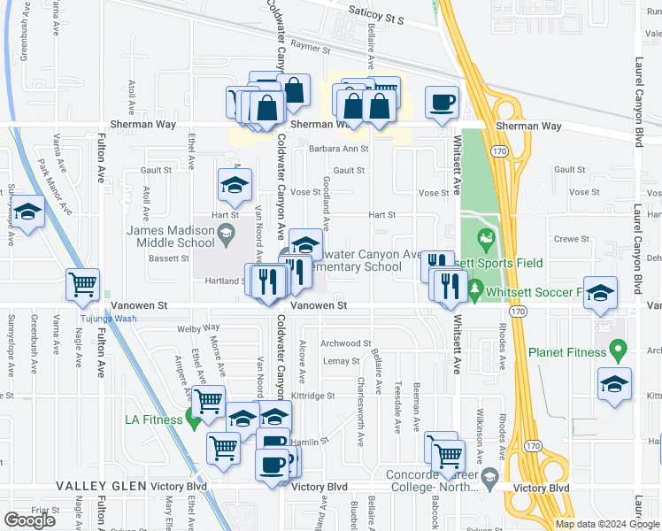 map of restaurants, bars, coffee shops, grocery stores, and more near 12754 Bassett Street in Los Angeles