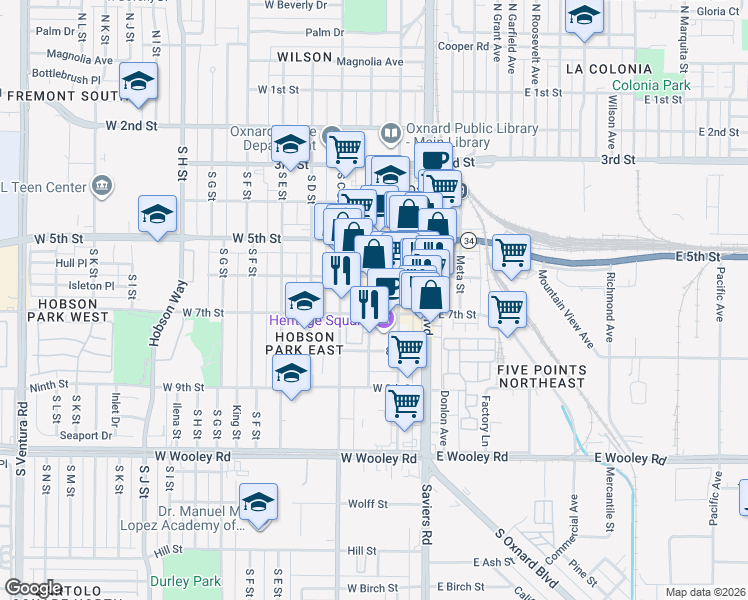 map of restaurants, bars, coffee shops, grocery stores, and more near 640 S B St in Oxnard