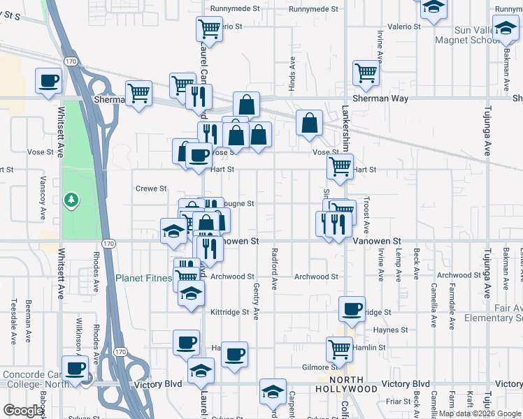 map of restaurants, bars, coffee shops, grocery stores, and more near 6854 Gentry Avenue in Los Angeles