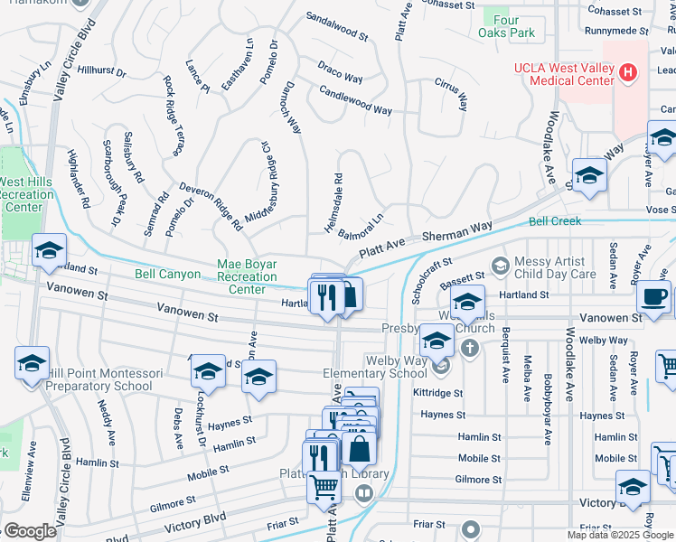 map of restaurants, bars, coffee shops, grocery stores, and more near 23700 Highlander Road in Los Angeles