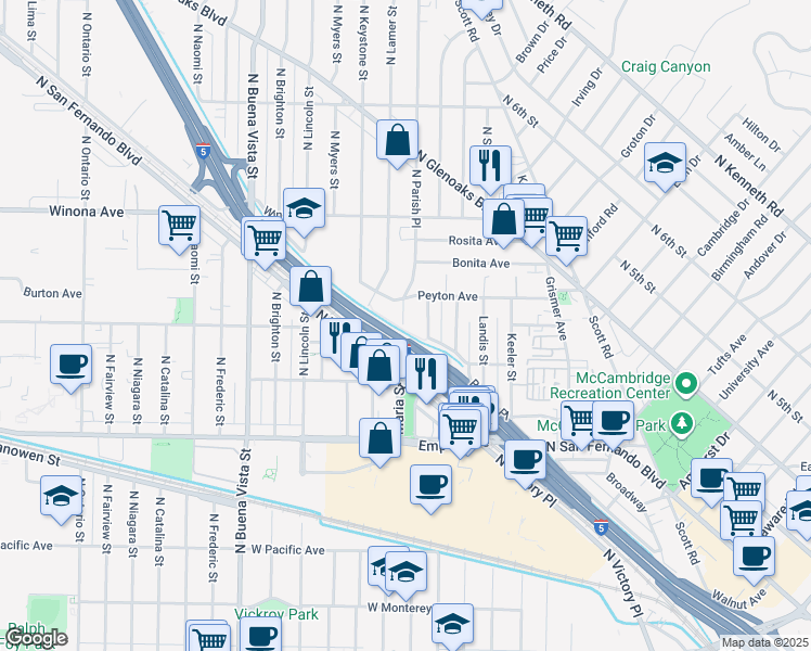 map of restaurants, bars, coffee shops, grocery stores, and more near 1930 North Parish Place in Burbank
