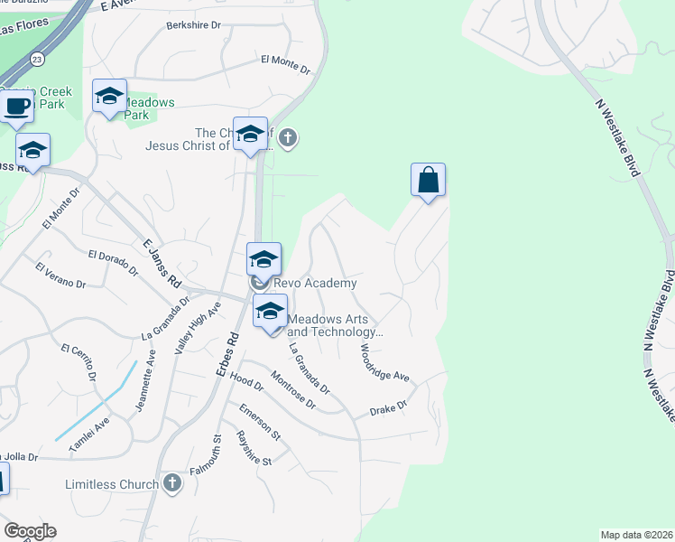 map of restaurants, bars, coffee shops, grocery stores, and more near 1405 Lamont Avenue in Thousand Oaks