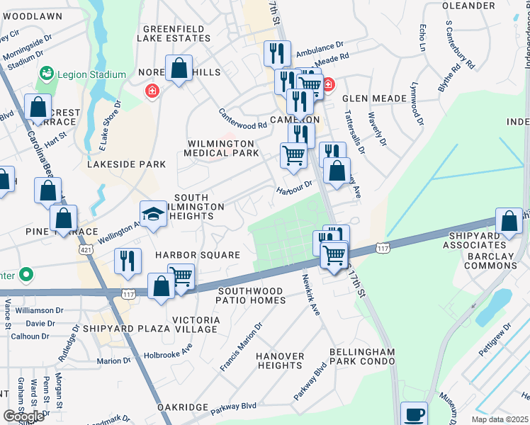 map of restaurants, bars, coffee shops, grocery stores, and more near 1416 Harbour Drive in Wilmington