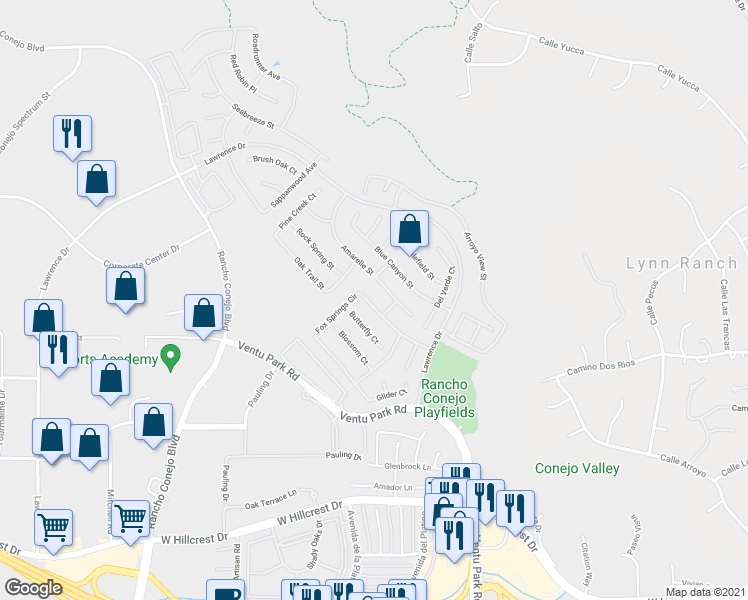 map of restaurants, bars, coffee shops, grocery stores, and more near 1663 Fox Springs Circle in Thousand Oaks