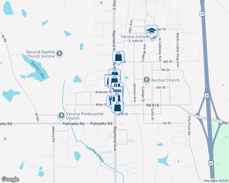 map of restaurants, bars, coffee shops, grocery stores, and more near 165 Anthony St in Tupelo