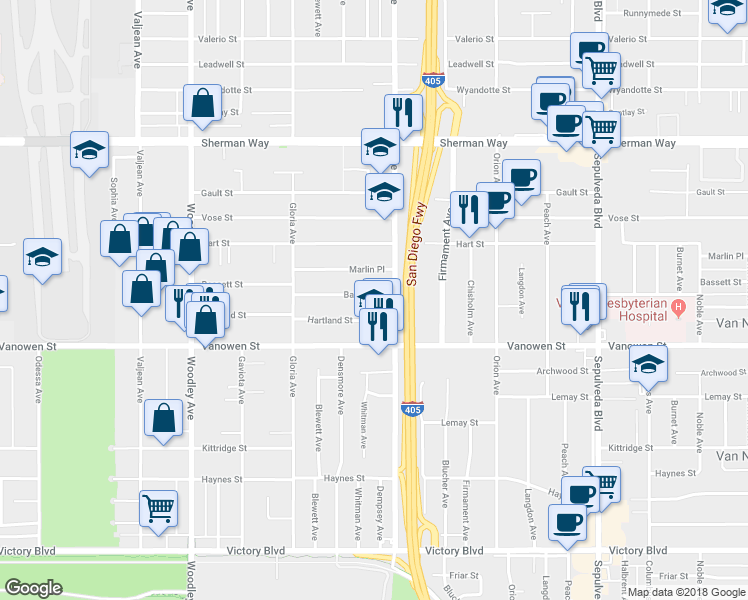 map of restaurants, bars, coffee shops, grocery stores, and more near 15724 Bassett Street in Los Angeles
