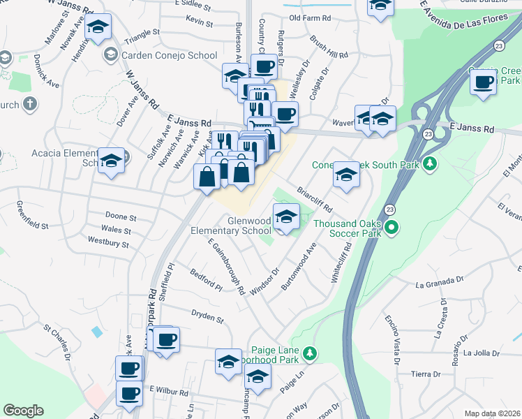map of restaurants, bars, coffee shops, grocery stores, and more near 509 Gladstone Drive in Thousand Oaks