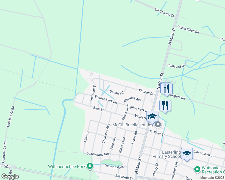 map of restaurants, bars, coffee shops, grocery stores, and more near 406 Devon Road in Marion