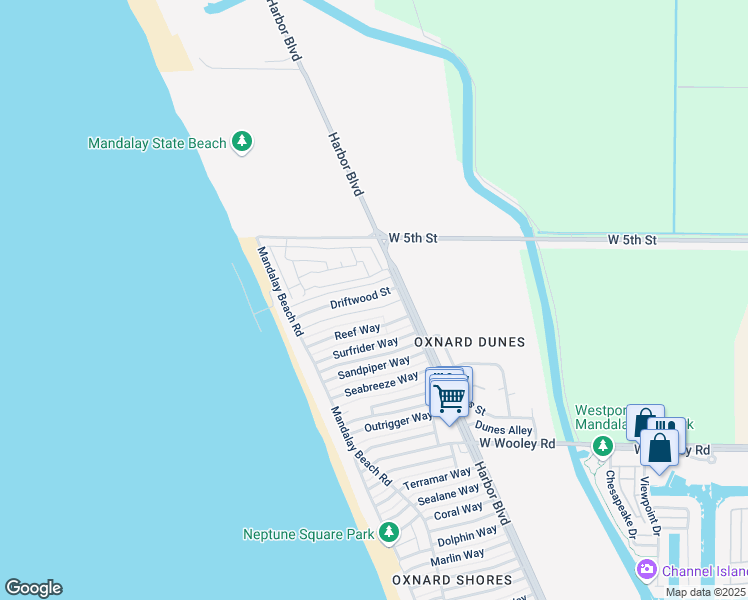 map of restaurants, bars, coffee shops, grocery stores, and more near 5246 Driftwood Street in Oxnard